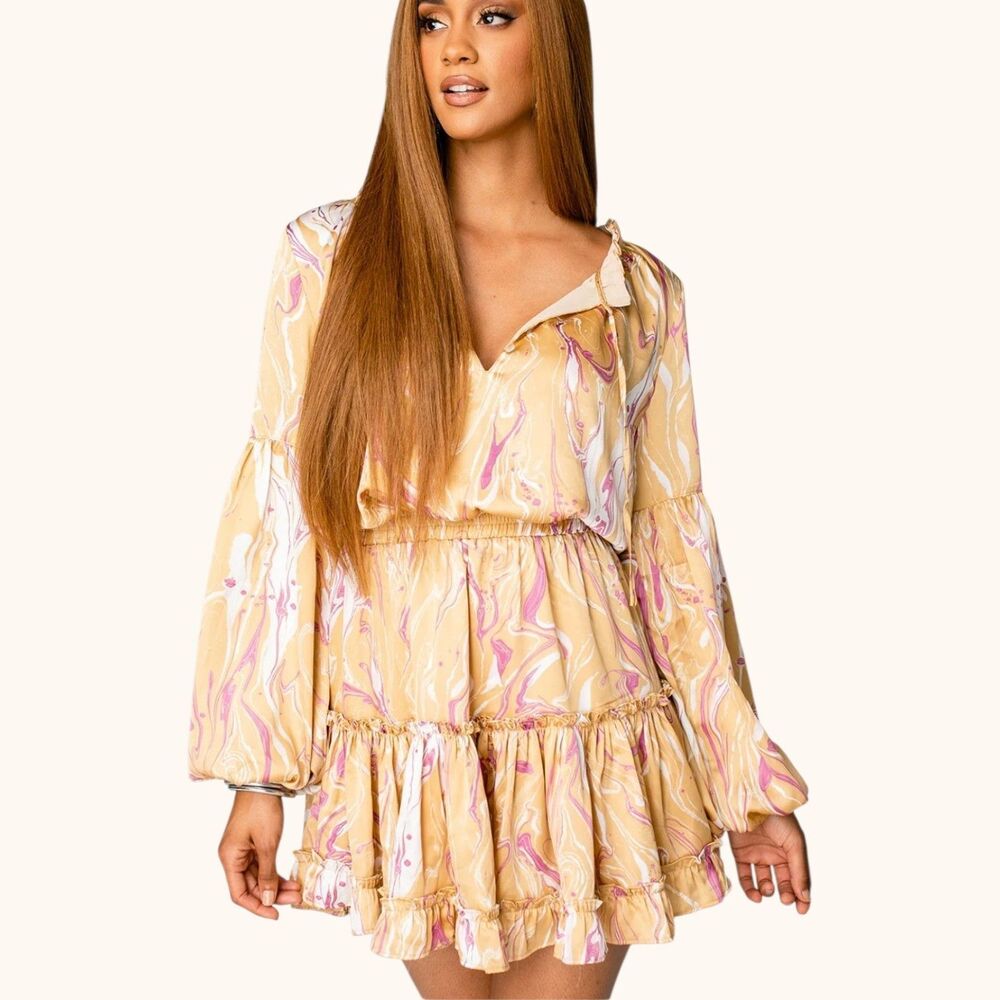 Buddy Love Womens Mini Dress M Zozo Cosmic Gold Elastic Waist Ruffle Party